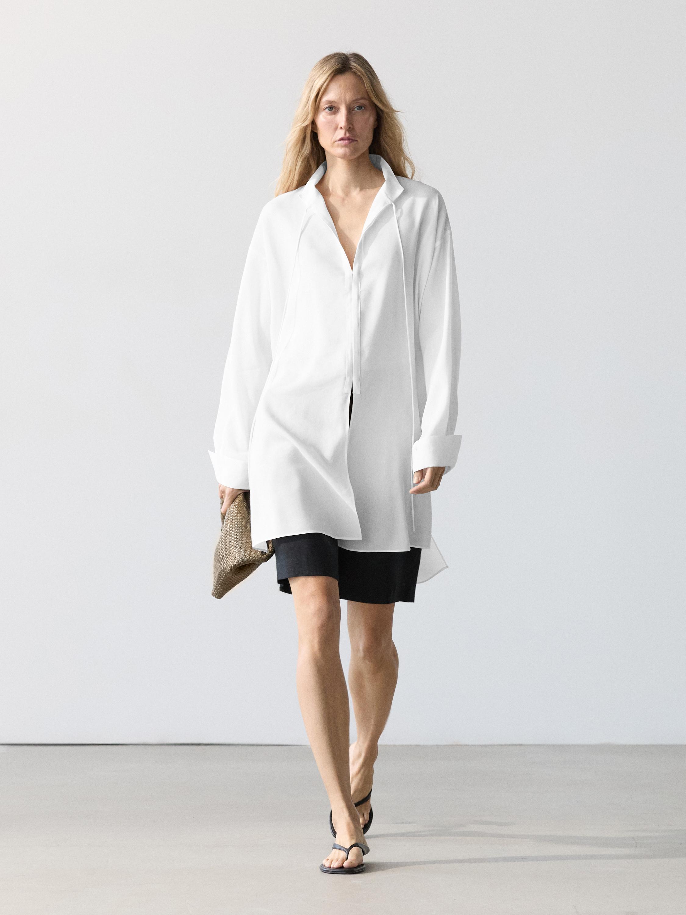 Flowing linen blend shirt with stand collar